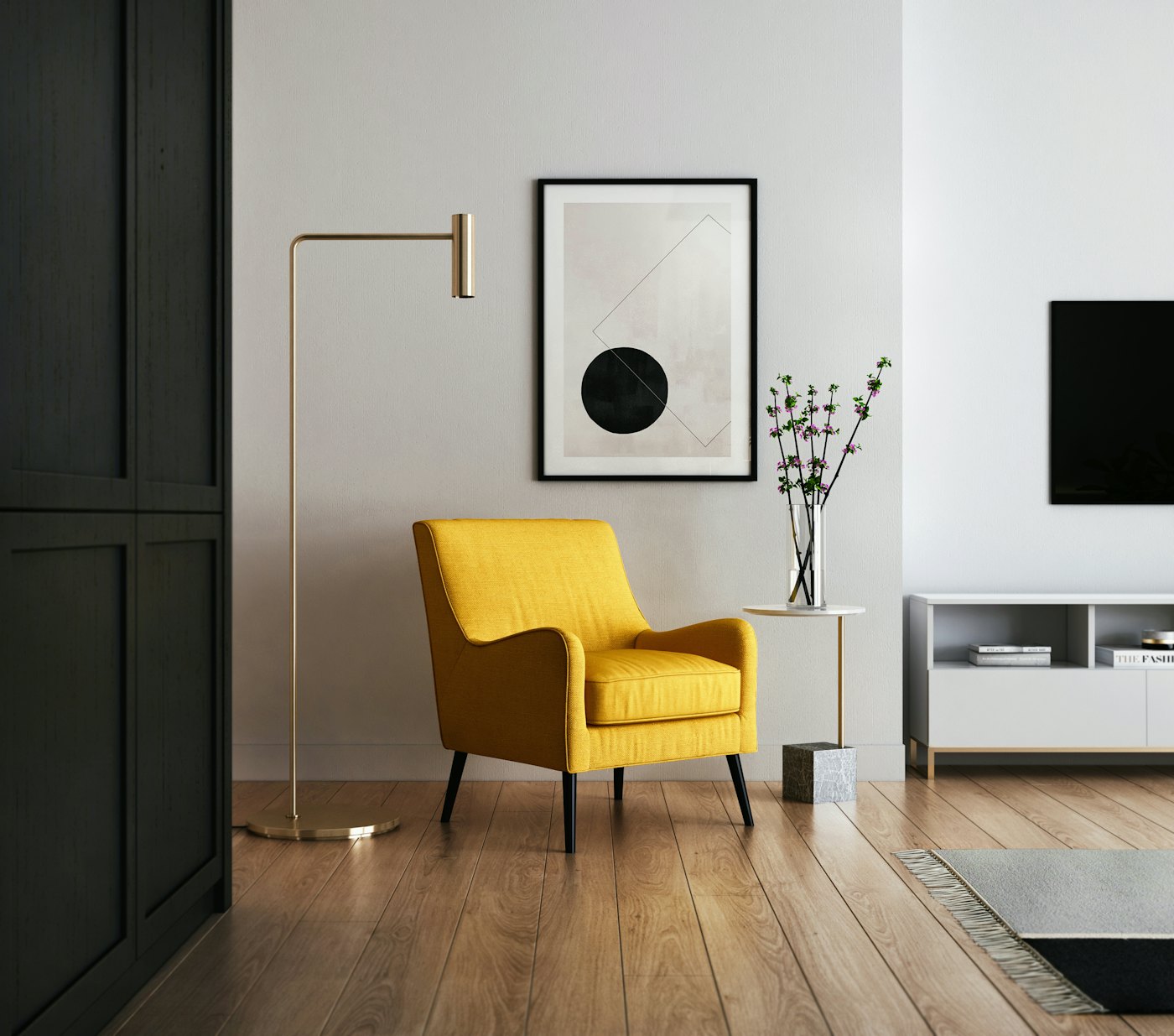 Elegant furnished living room with wooden flooring