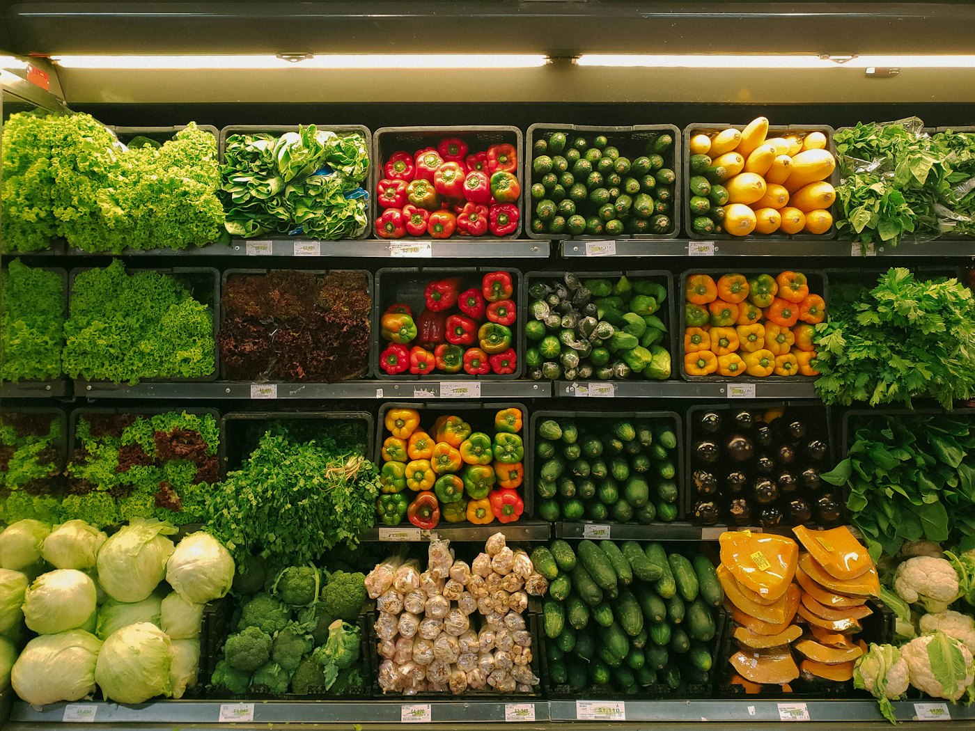 Fresh produce and daily goods on retail shelves