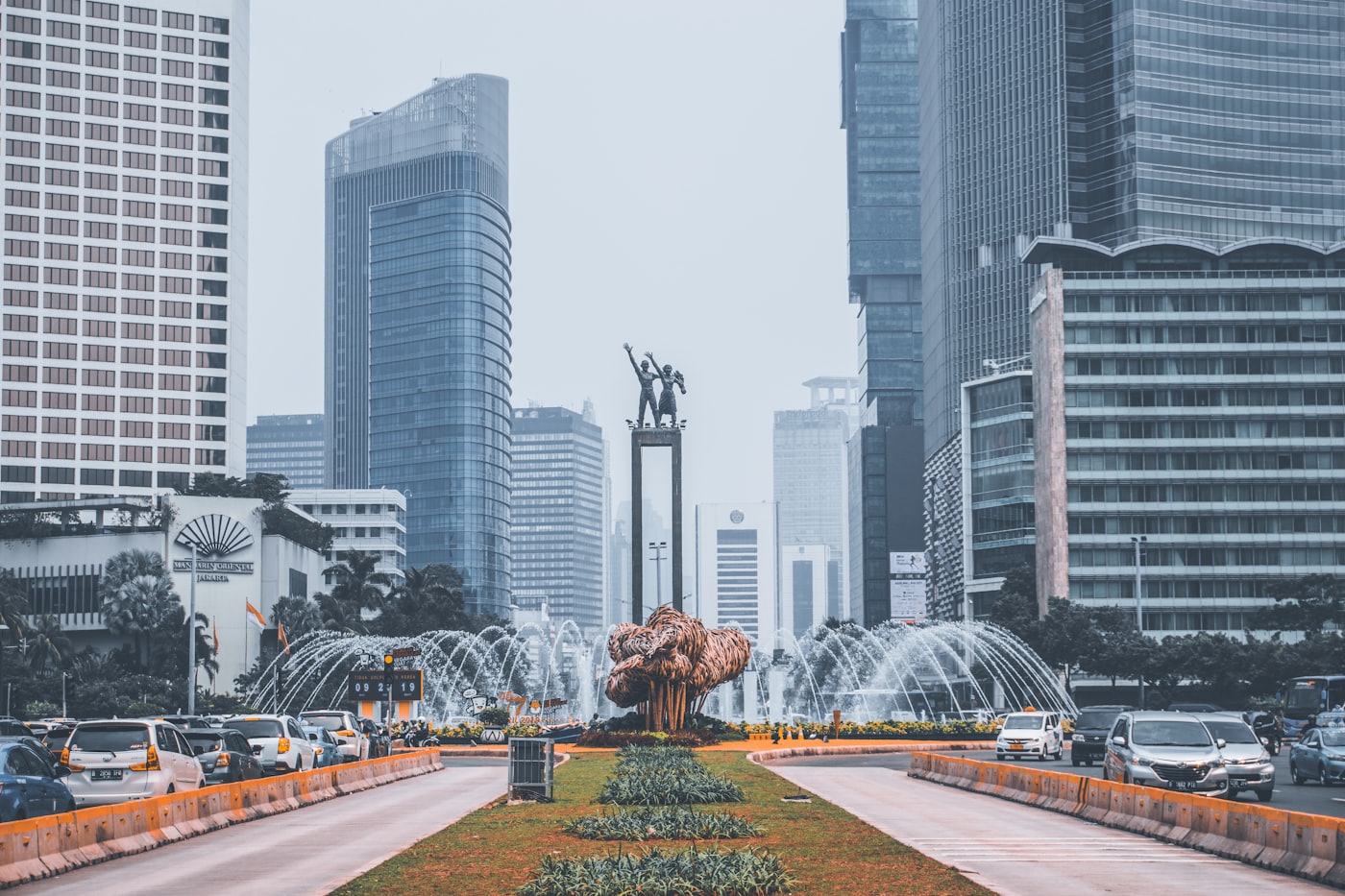 Selamat Datang Monument among the skyscrapers of Jakarta, Indonesia