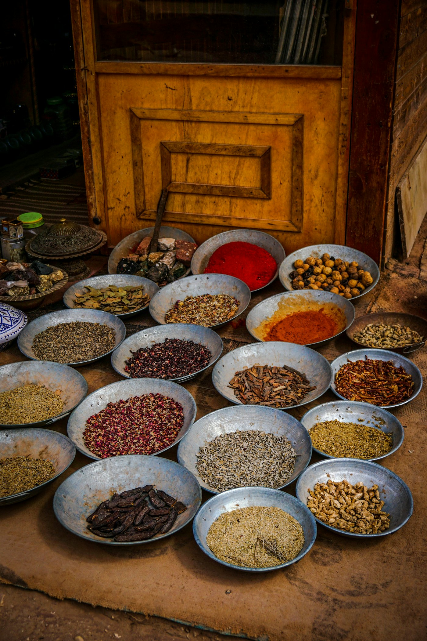 Bowls of spices at a traditional market