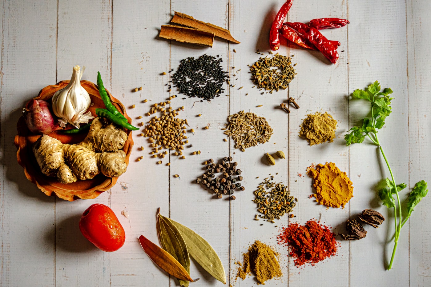 Assorted Indonesian spices — cinnamon, pepper, chilies, ginger and turmeric